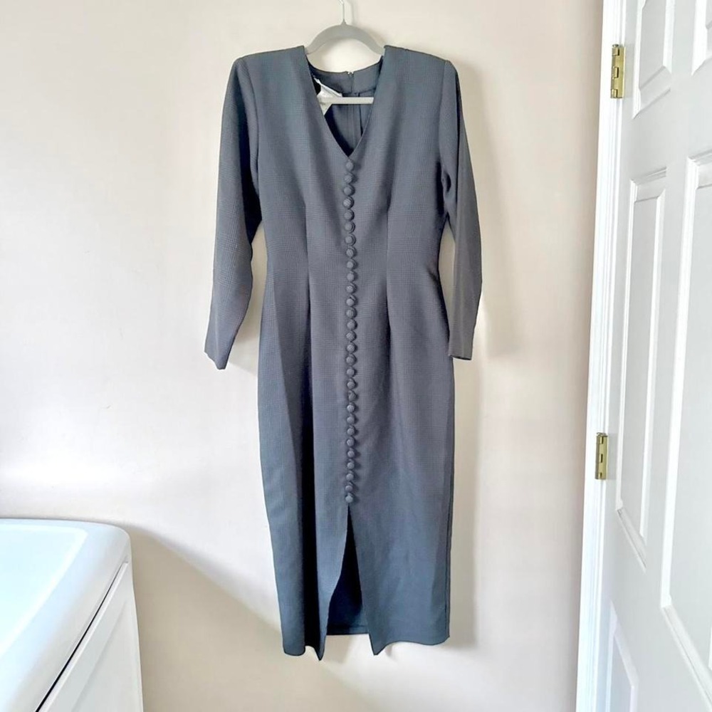 90s Vintage Plaid Dress Pencil Skirt Dusty Blue‎ Button Front 7